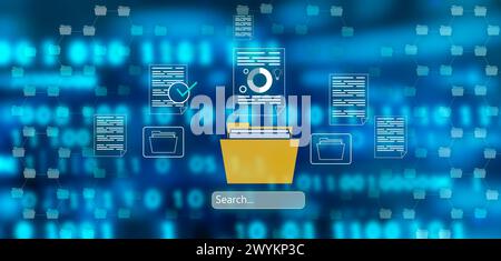 concept, search and organization of documents. online documentation database and digital file storage system or software, record keeping, database tec Stock Photo