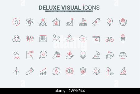 Development of green energy production, reduction of CO2 emissions into environment line icons set. Zero carbon technology, smart house, electric car thin black and red symbols, vector illustration Stock Vector