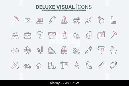 Construction site line icons set. Infrastructure, safety gears and professional equipment for building and repair houses, builders workers tools thin black and red outline symbols, vector illustration Stock Vector