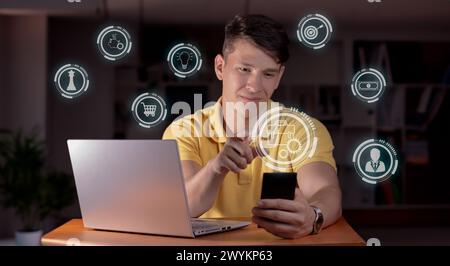 young entrepreneur works in office with intelligence and organization from his electronic devices. business icon concepts Stock Photo