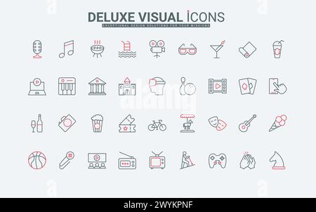 Entertainment event, leisure thin black and red line icons set vector illustration. Outline public museum and cinema theater symbols, fun music party and show, ticket for movie and microphone Stock Vector
