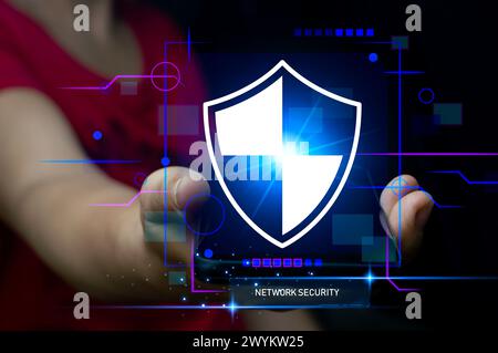 Keypad, cyber shield, lock, technology security system. Digital link. Cyber security with advanced technology. Stock Photo