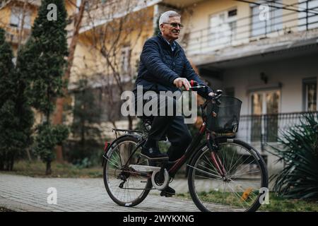 Active senior man enjoying bike ride in quiet neighborhood setting. Stock Photo