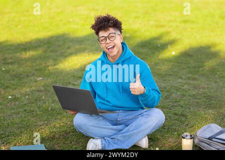 Cheerful student with laptop on grass, studying at park Stock Photo