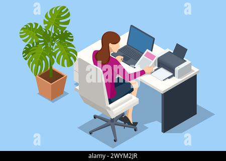 Isometric woman using modern printer in office. New modern printer. Business person sitting at table taking document from printer Stock Vector