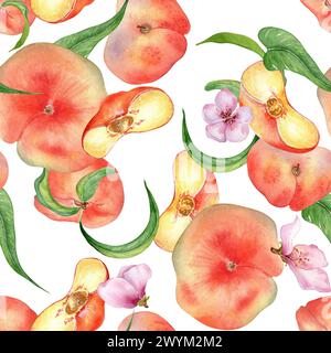 Watercolor flat peaches with leaves and flowers seamless pattern isolated on white. Fruits and flowers pattern painted. Chines Fig peaches hand drawn. Stock Photo
