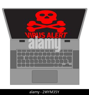 Virus Alert Warning message on Laptop screen, online hacker attack on computer Stock Vector