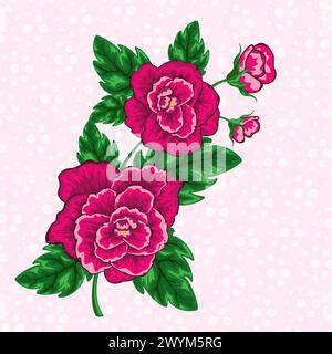 vector decorative floral design of tropical flowers with leaves on pink polka dot pattern background Stock Vector