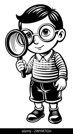 A curious child with big round glasses, holding a magnifying glass.on ...