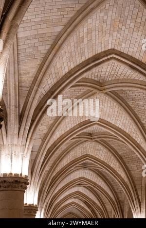 Vaulted ceiling supported by massive pillars in the Hall of the Men-at-arms, Conciergerie, former courthouse and prison in Paris city center, France Stock Photo