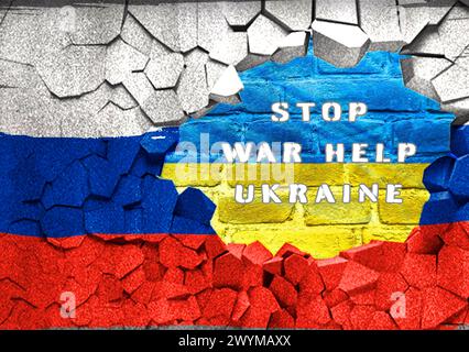 A flag with the words Stop War Help Ukraine written on it. The flag is torn and has a brick wall in the background Stock Photo