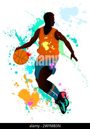 Silhouette of an athlete against the background of multi-colored spots and colorful splashes. Stock Vector