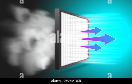 Air filter purify effect. Car airbox and cabin filter example. Antibacterial, dust, solid particle filtration. Stock Vector