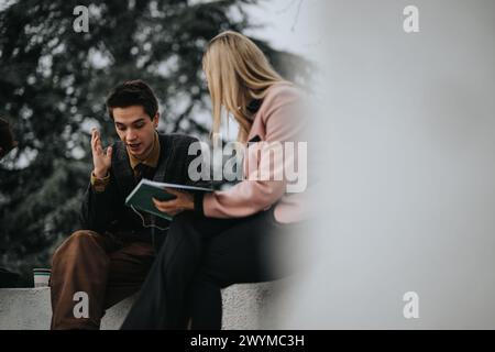 Young professionals engaging in outdoor marketing strategy discussion for business growth Stock Photo