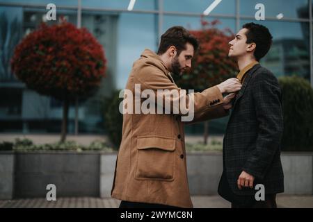 Two businessmen in a tense confrontation outdoors with office background Stock Photo