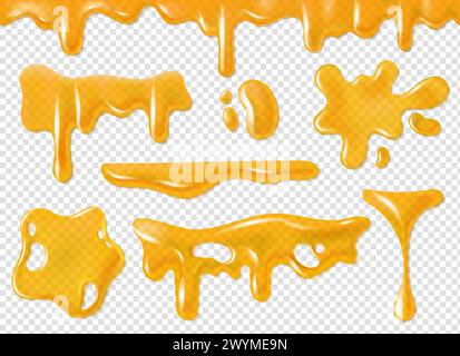 Honey drops and streaks. Yellow gold splash, flowing glossy sweet liquid, border or frame, caramel, butter or oil. Realistic elements isolated on Stock Vector