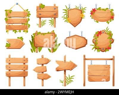 Wooden signboard with jungle plants. Cartoon vector illustration set of ...