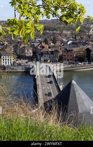 Aerial view of the beautiful historic bridge, Pont de Jambes, in Namur in Wallonia in Belgium. Historic landmark as viewed from the citadel. Stock Photo