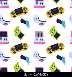 Video game seamless pattern. Modern and retro joysticks. Cybersport players print. Gaming controllers. Arcade gamepads. Electronic gadgets. Playing Stock Vector