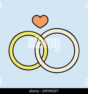 Wedding rings with a heart isolated icon. Vector illustration, romance elements. Sticker, patch, badge, card for marriage, valentine Stock Vector