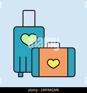 Suitcase and honeymoon on vacation wedding isolated icon. Vector illustration, romance elements. Sticker, patch, badge, card for marriage, valentine Stock Vector
