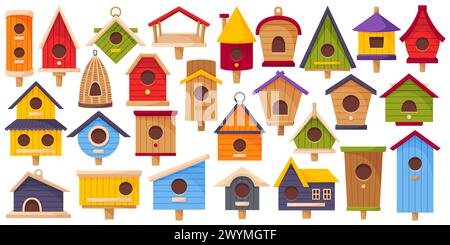 Bird houses. Color wooden birdhouses. Handmade craft feeders. Different nesting box with hole. Various roofs and entrances. Starling homes. Animal Stock Vector