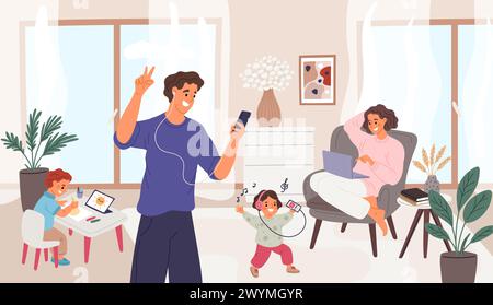 Advanced family using gadgets. Happy children and parents listen to music at home. People draw or communicate on social networks. Modern mobile Stock Vector