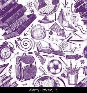 doodle style seamless pattern of blue ink school items. Handmade, not AI Vector illustration Stock Vector