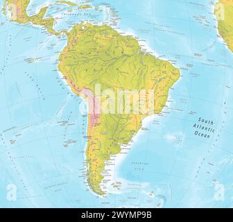 Detailed physical map of South America Stock Vector