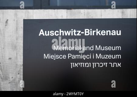 Auschwitz, Poland, March 21, 2024 - Sign at the entrance of the Auschwitz - Birkenau memorial and museum Stock Photo