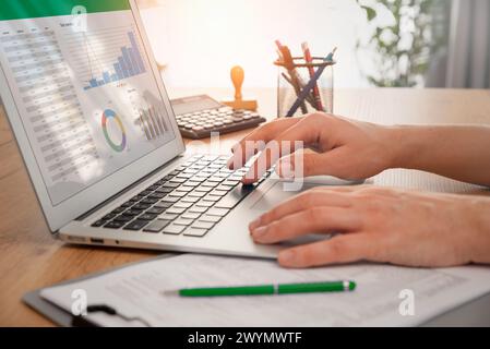 Analyst working on a spreadsheet. Report on screen Stock Photo