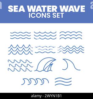 Sea Water Wave Icon Set Vector Illustration Sea Line Wave Icons vector Set Sea wave Water logo, line ocean symbol Stock Vector