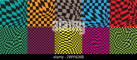 Set of distorted checkered backgrounds. Groovy psychedelic patterns with colorful warped squares. Trippy optical illusion. Preppy layouts in retro 60s Stock Vector