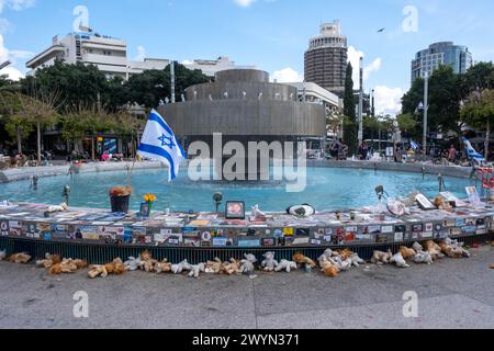 Tel Aviv, Israel. 7th Mar, 2024. Photos, flowers and other memorial items surround the fountain in Dizengoff Square. The fountain at Dizengoff Square has become one of the locations in Tel Aviv for people to create makeshift memorials for those killed and kidnapped during the October 7th, 2023 attack by Hamas. (Credit Image: © Syndi Pilar/SOPA Images via ZUMA Press Wire) EDITORIAL USAGE ONLY! Not for Commercial USAGE! Stock Photo