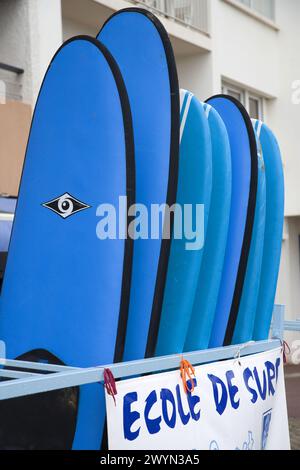 Surfboards at surf school, Hendaye. Aquitaine, France. Stock Photo