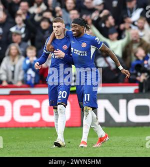 Bramall Lane, Sheffield, UK. 7th Apr, 2024. Premier League Football, Sheffield United versus Chelsea; Chelsea's Noni Madueke celebrates with Cole Palmer after scoring his side's second goal in the 66th minute to make the score 1-2 Credit: Action Plus Sports/Alamy Live News Stock Photo