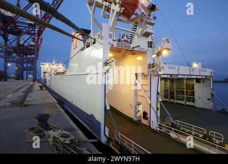 Cargo ship, Motorways of the Sea, RORO vessel with ramp. Port of Bilbao, Biscay, Basque Country, Spain. Stock Photo