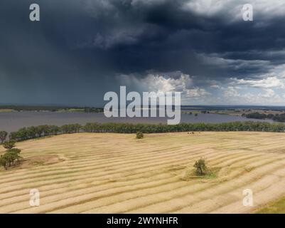 Aerial view of rain falling from dark storm clouds moving over a reservoir behind a dry harvested field at Joyces Creek in Central Victoria, Australia Stock Photo