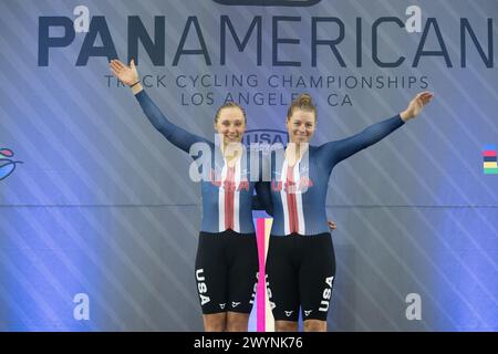 Los Angeles, California, USA. 7th Apr, 2024. Megan Jastrab(L) and Jennifer Valente of the United States on the podium, gold medal winners in the women's madison. Credit: Casey B. Gibson/Alamy Live News Stock Photo