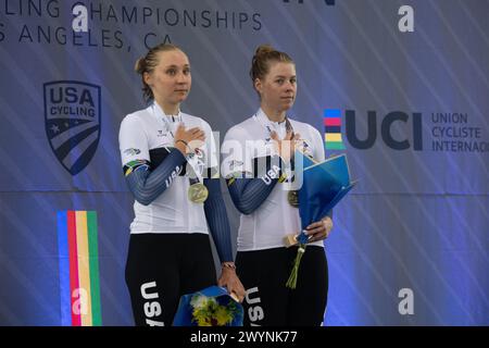 Los Angeles, California, USA. 7th Apr, 2024. Megan Jastrab(L) and Jennifer Valente of the United States on the podium, gold medal winners in the women's madison. Credit: Casey B. Gibson/Alamy Live News Stock Photo