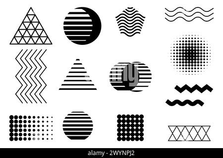 Abstract geometric icons. Triangles, circles, waves in monochrome. Optical illusion effects. Vector illustration. EPS 10. Stock Vector