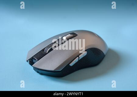 Gray color mouse on a blue background. Stock Photo