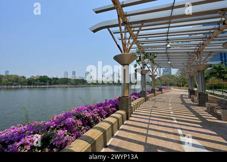 Scenic stretch along running track at Lake Ratchada in Benjakitti Park with buildings along Sukhumvit Road in background, Bangkok Stock Photo