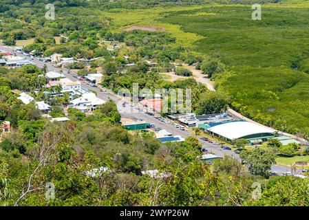 Looking down from Grassy Hill during the day on the main street and surrounding township of Cooktown in Far North Queensland, Australia Stock Photo