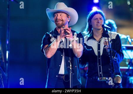 American country rock band NEEDTOBREATHE with lead singer BEAR RINEHART (left) and bass player SETH BOLT (right) perform at a taping of CMT Country Crossroads on the University of Texas campus in Austin on April 5, 2024.  Credit: Bob Daemmrich/Alamy Live News Stock Photo