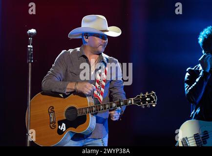 Controversial country singer JASON ALDEAN performs at a Country Music Television (CMT) highlights taping at the South Mall on the University of Texas campus April 3, 2024. The CMT Awards return to Austin, the self-proclaimed Live Music Capital of the World, with a live show on April 7, 2024. Credit: Bob Daemmrich/Alamy Live News Stock Photo