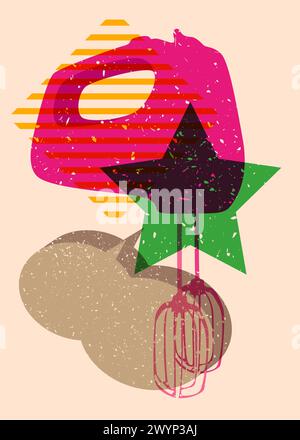 Risograph mixer with speech bubble with geometric shapes. Objects in trendy riso graph print texture style design with geometry elements. Stock Vector