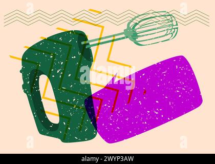 Risograph mixer with speech bubble with geometric shapes. Objects in trendy riso graph print texture style design with geometry elements. Stock Vector