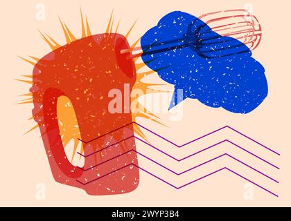 Risograph mixer with speech bubble with geometric shapes. Objects in trendy riso graph print texture style design with geometry elements. Stock Vector