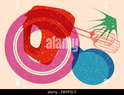 Risograph mixer with speech bubble with geometric shapes. Objects in trendy riso graph print texture style design with geometry elements. Stock Vector
